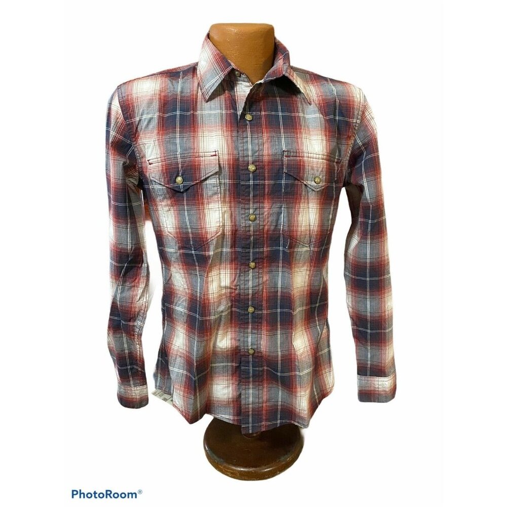 Wrangler Small  Western Pearl Snap‎ Shirt Red Plaid Flex For Comfort Long Sleeve